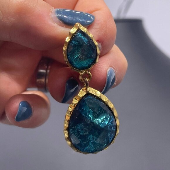 Amrita Singh Blue Glass Look Teardrop Dangle Drop Earrings Gold Tone Evening - Picture 6 of 6